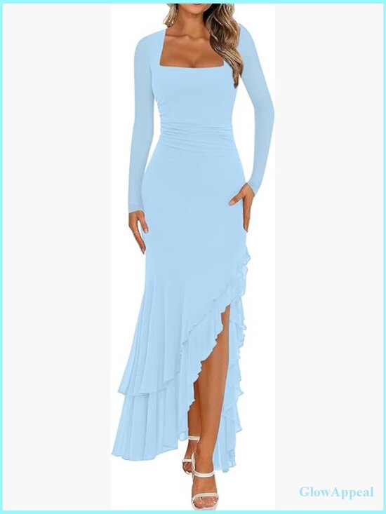 Dresses & Skirts - Women's Bodycon Ruched Long Sleeve Maxi Dress Mermaid Ruffle Formal Cocktail